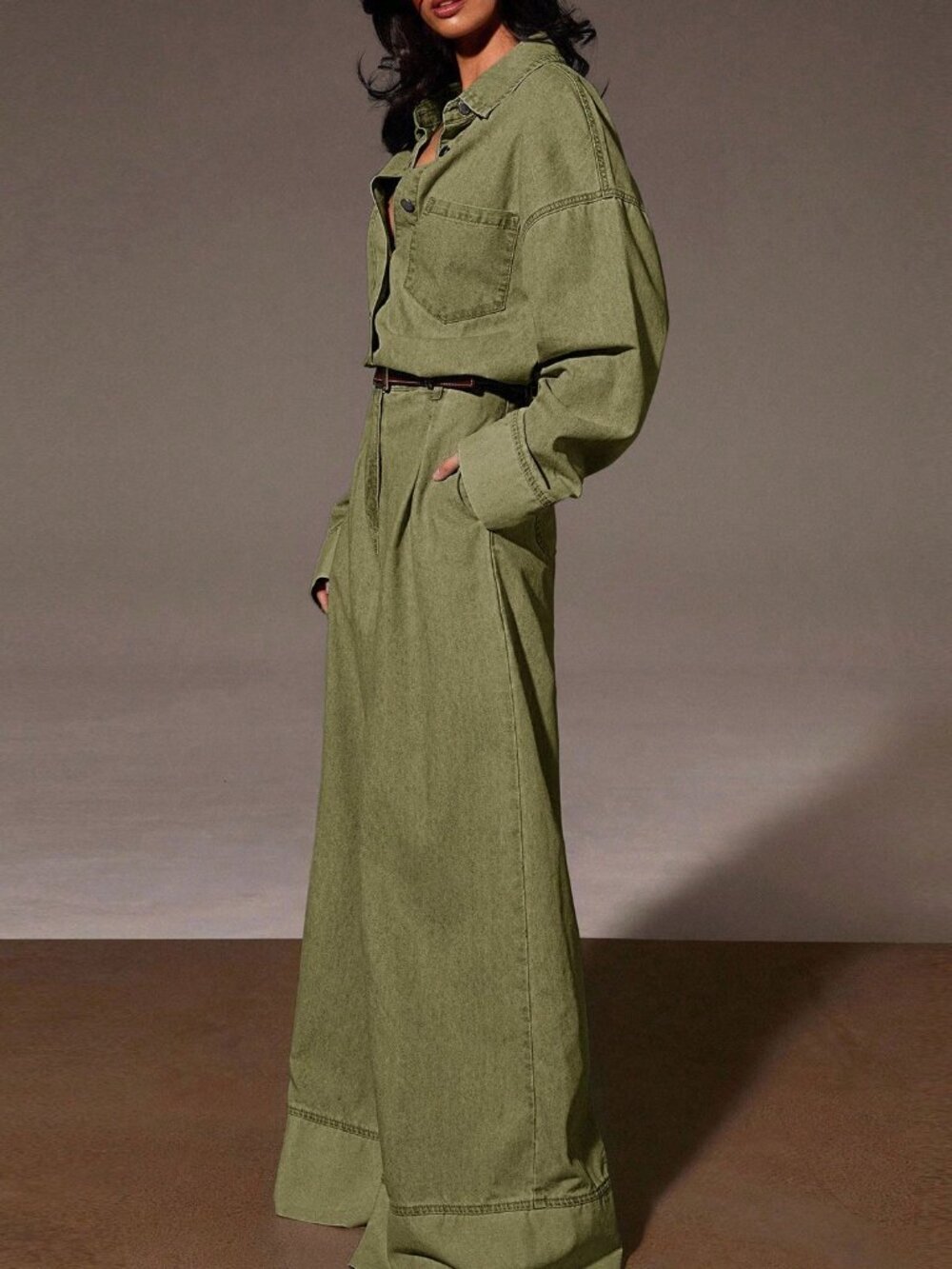 Army Green Casual Women's Denim Wide Leg Denim Jumpsuit